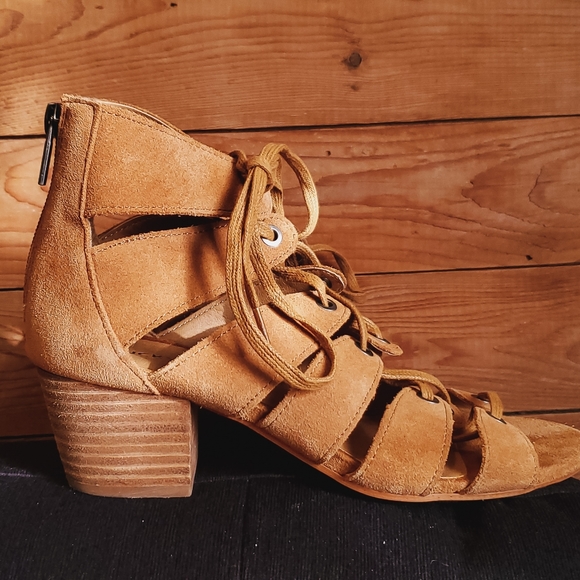 Suede Nude/Brown Lucky Brand Lace Up Sandal Heels - Picture 2 of 7